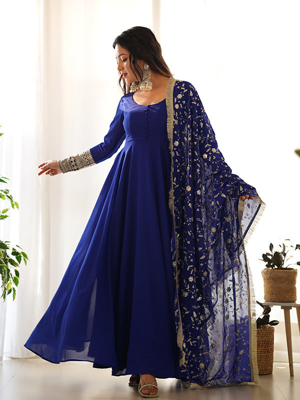 Royal Blue Anarkali Georgette Gown With Golden Dupatta Set