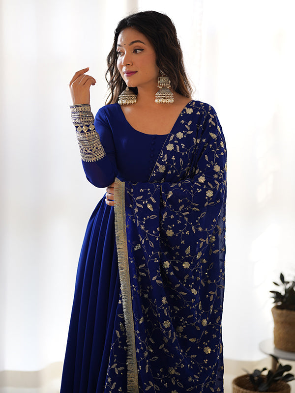 Royal Blue Anarkali Georgette Gown With Golden Dupatta Set