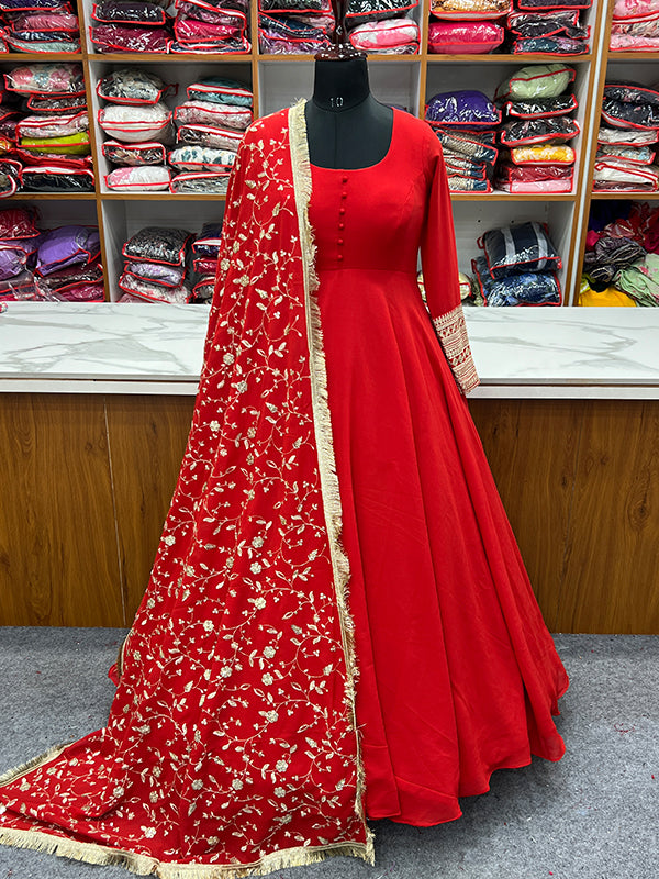 Red Anarkali Georgette Gown With Golden Dupatta Set