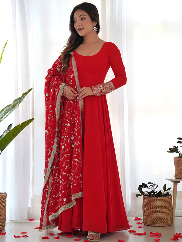 Red Anarkali Georgette Gown With Golden Dupatta Set