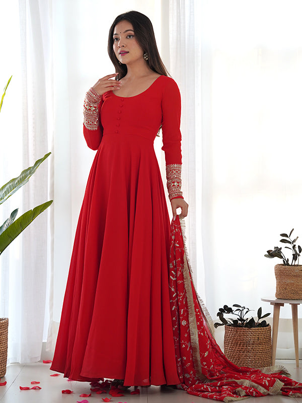 Red Anarkali Georgette Gown With Golden Dupatta Set