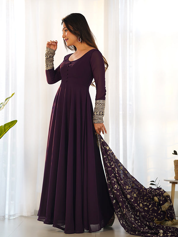 Wine Anarkali Georgette Gown With Golden Dupatta Set