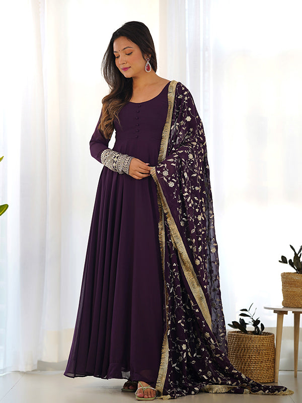 Wine Anarkali Georgette Gown With Golden Dupatta Set