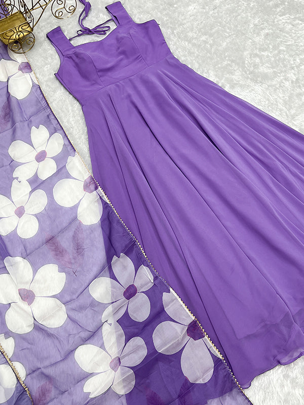 Lavender Georgette Plain Gown With Printed Dupatta Set