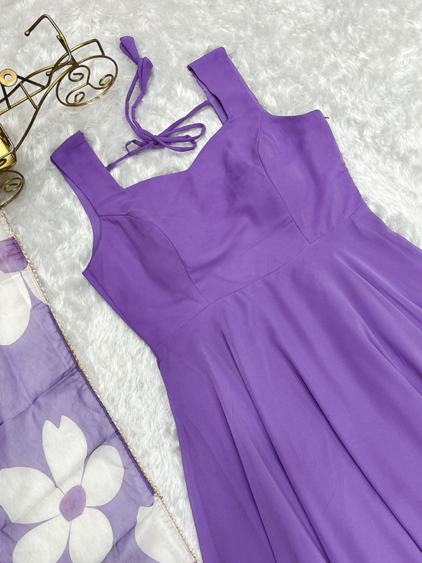 Lavender Georgette Plain Gown With Printed Dupatta Set