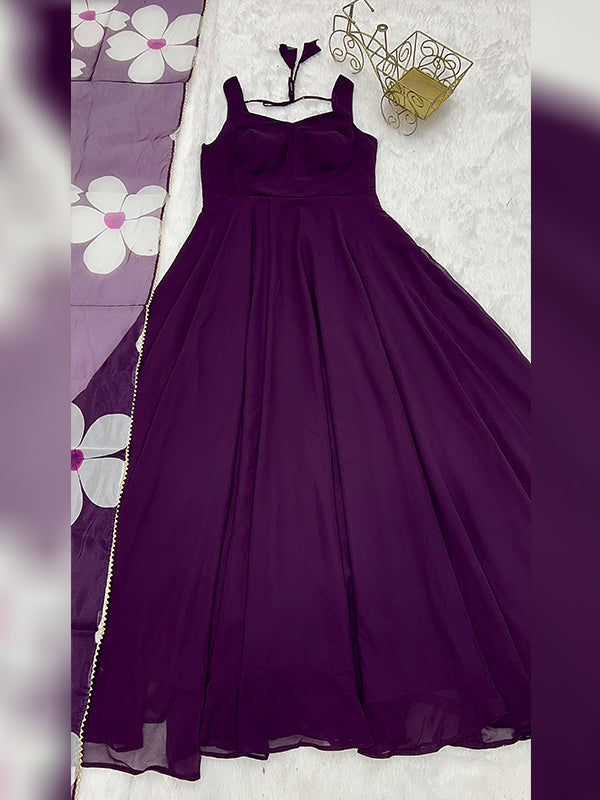 Purple Georgette Plain Gown With Printed Dupatta Set