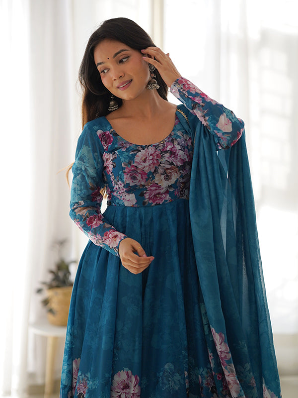 Blue Flower Printed Anarkali Kurti With Pant & Dupatta Set