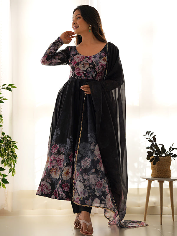 Black Flower Printed Anarkali Kurti With Pant & Dupatta Set