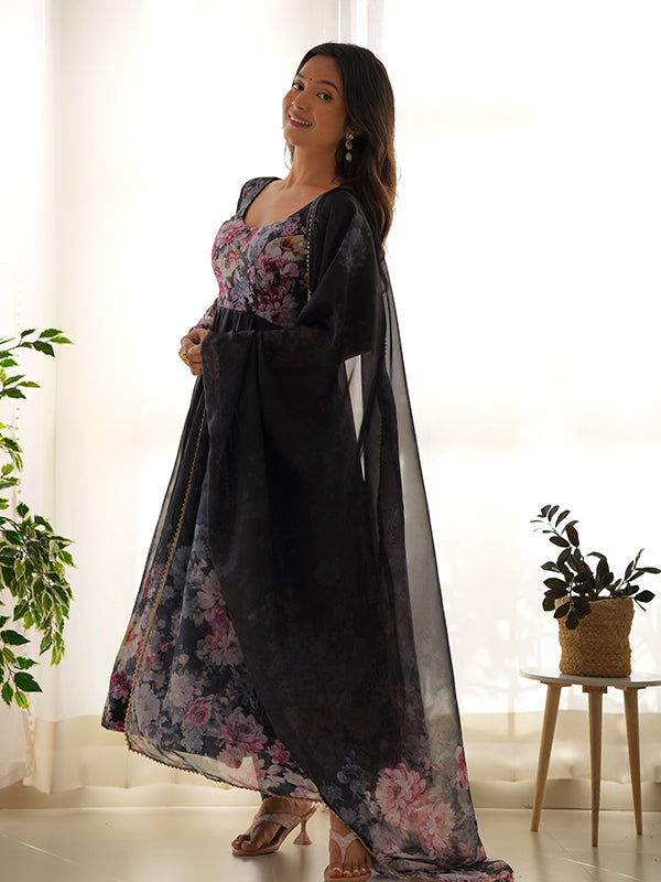 Black Flower Printed Anarkali Kurti With Pant & Dupatta Set