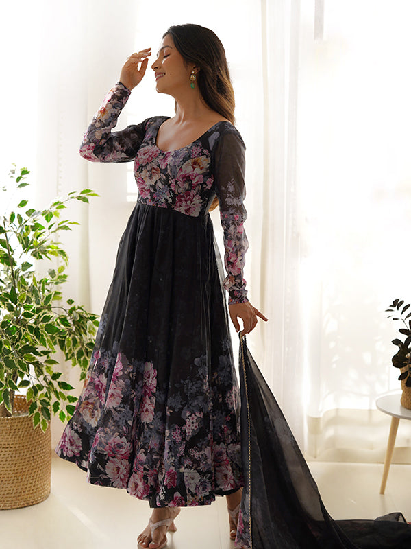 Black Flower Printed Anarkali Kurti With Pant & Dupatta Set