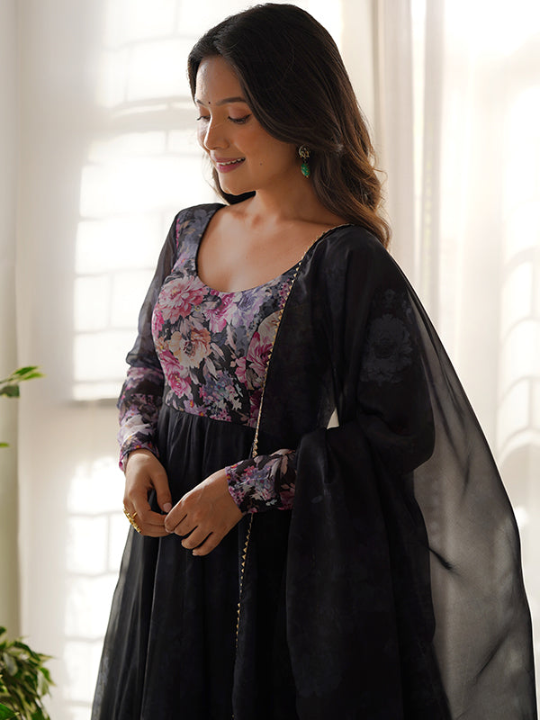 Black Flower Printed Anarkali Kurti With Pant & Dupatta Set