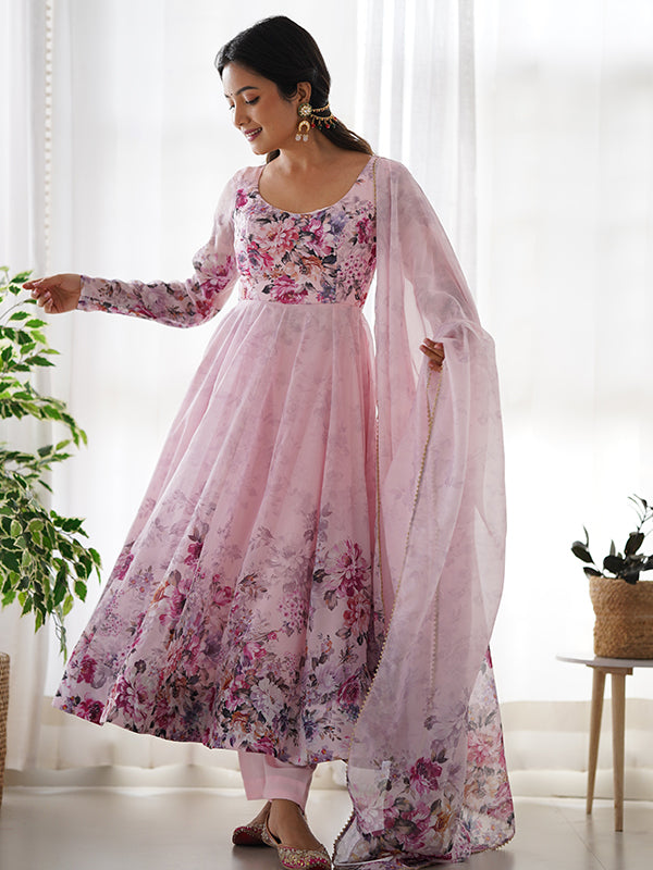 Pink Flower Printed Anarkali Kurti With Pant & Dupatta Set