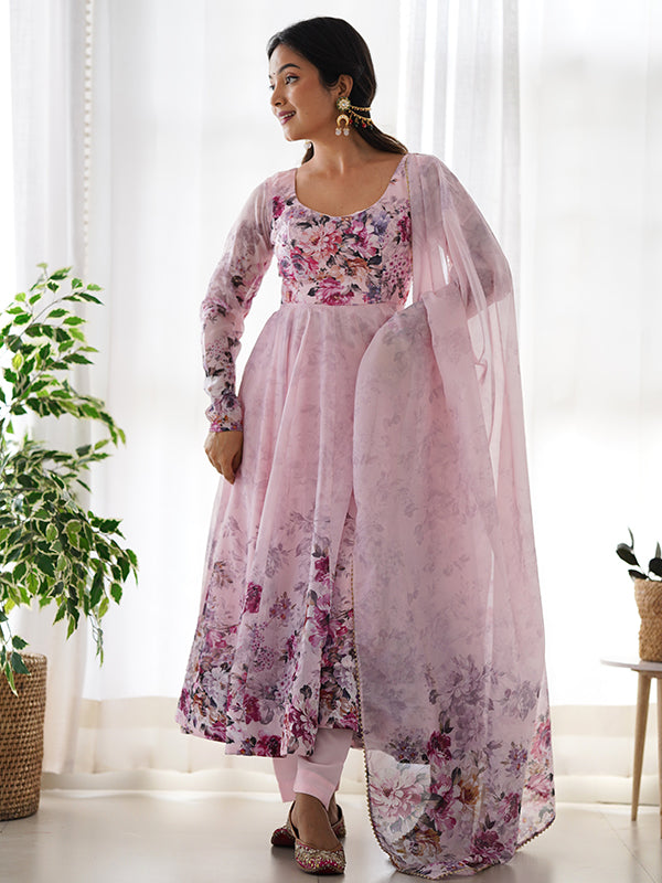 Pink Flower Printed Anarkali Kurti With Pant & Dupatta Set