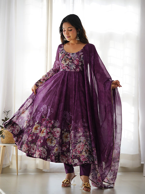 Wine Flower Printed Anarkali Kurti With Pant & Dupatta Set