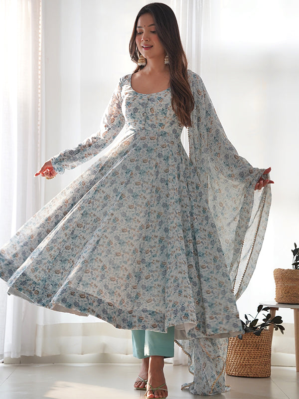 White Fulwari Organza Printed Anarkali Kurti With Pant & Dupatta Set