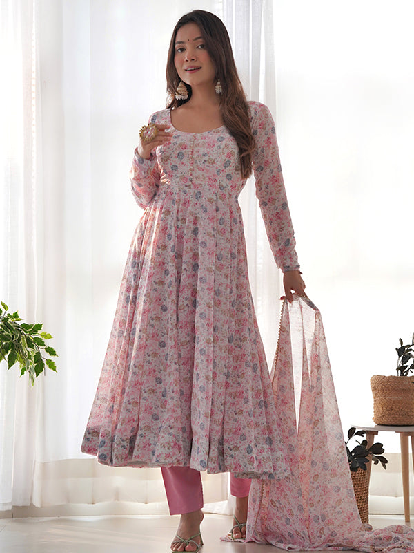 Pink Fulwari Organza Printed Anarkali Kurti With Pant & Dupatta Set