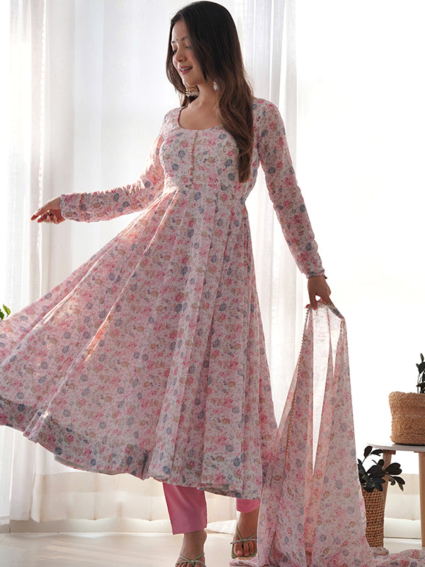 Pink Fulwari Organza Printed Anarkali Kurti With Pant & Dupatta Set