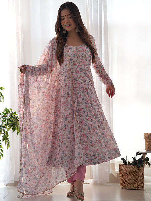 Pink Fulwari Organza Printed Anarkali Kurti With Pant & Dupatta Set