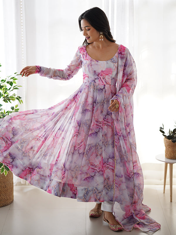 Rose Pink Organza Printed Anarkali Gown With Pant & Dupatta Set