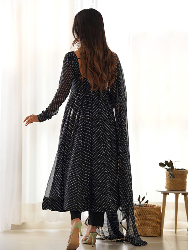 Black Lining Printed Anarkali Kurti With Pant & Dupatta Set