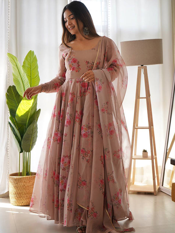 Beige Organza Printed Anarkali Gown With Pant & Dupatta Set