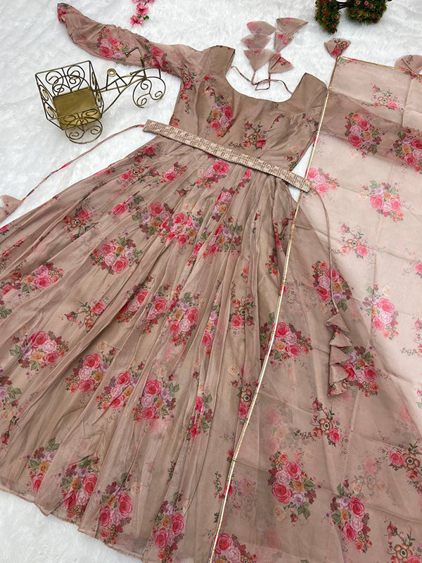 Beige Organza Printed Anarkali Gown With Pant & Dupatta Set