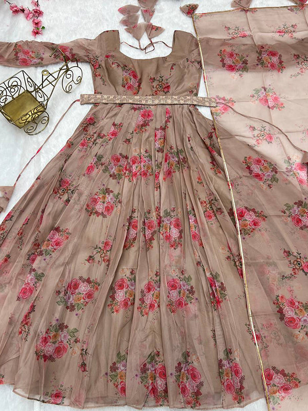 Beige Organza Printed Anarkali Gown With Pant & Dupatta Set