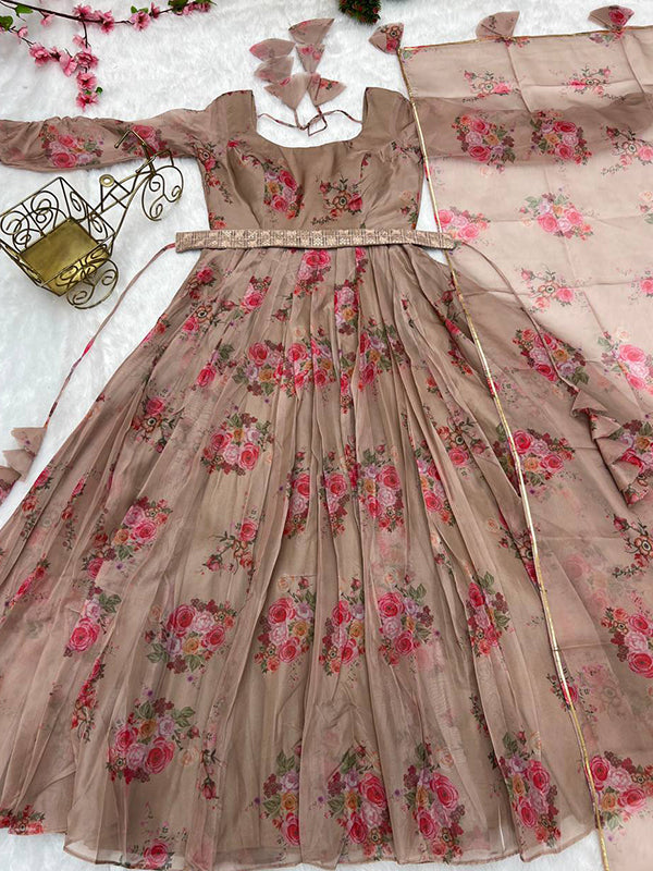 Beige Organza Printed Anarkali Gown With Pant & Dupatta Set