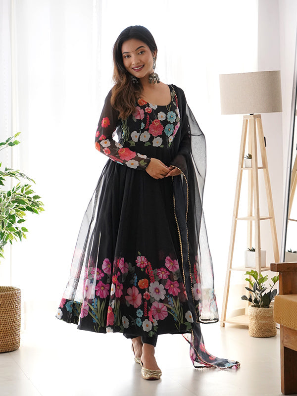 Flower Black Printed Anarkali Gown With Pant & Dupatta Set