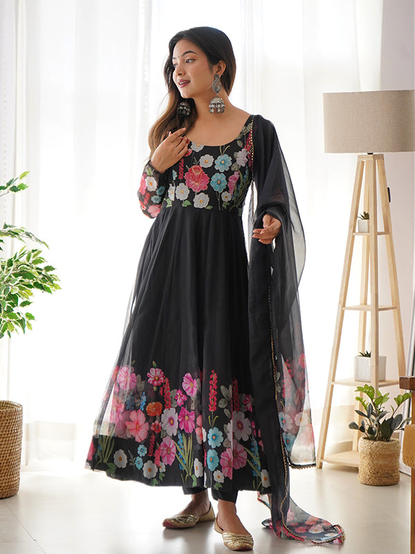 Flower Black Printed Anarkali Gown With Pant & Dupatta Set