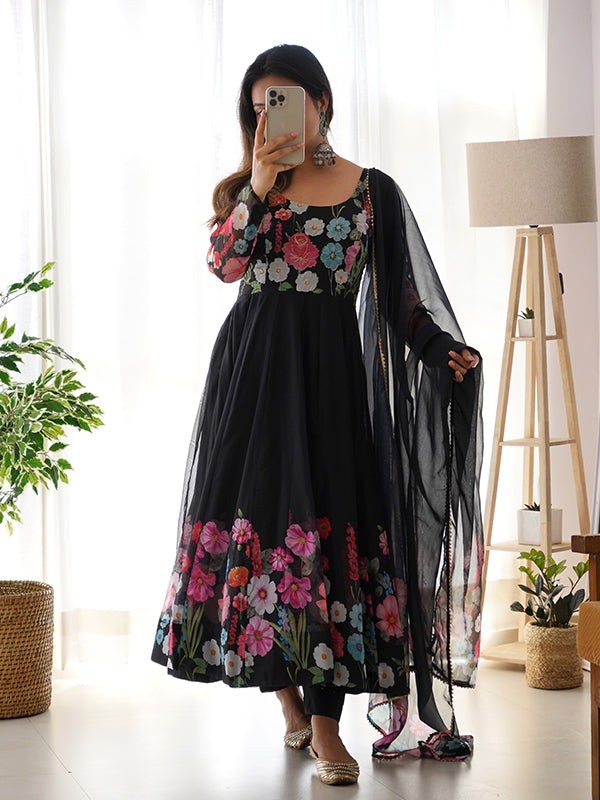 Flower Black Printed Anarkali Gown With Pant & Dupatta Set