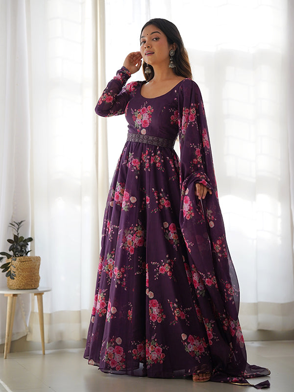 Wine Organza Printed Anarkali Kurti With Pant & Dupatta Set