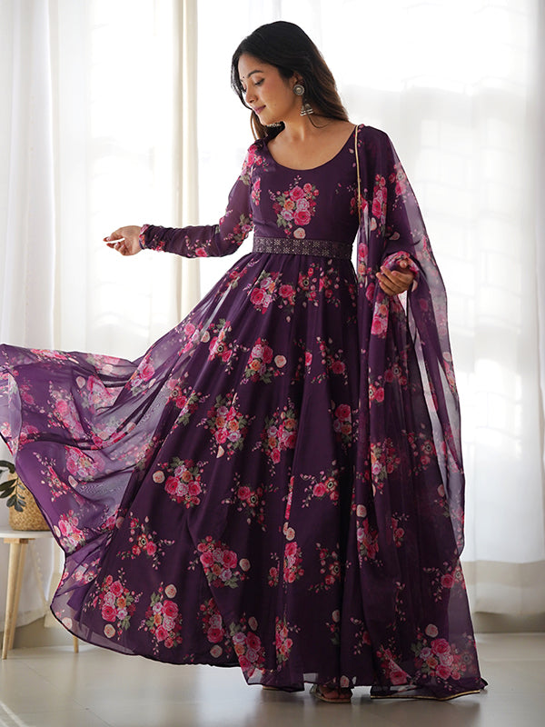 Wine Organza Printed Anarkali Kurti With Pant & Dupatta Set