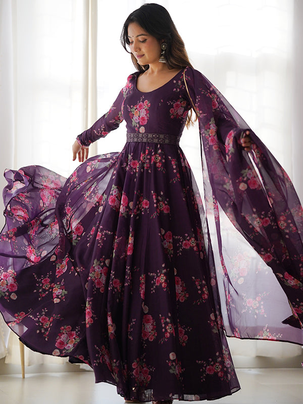 Wine Organza Printed Anarkali Kurti With Pant & Dupatta Set