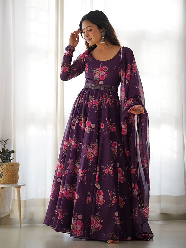 Wine Organza Printed Anarkali Kurti With Pant & Dupatta Set