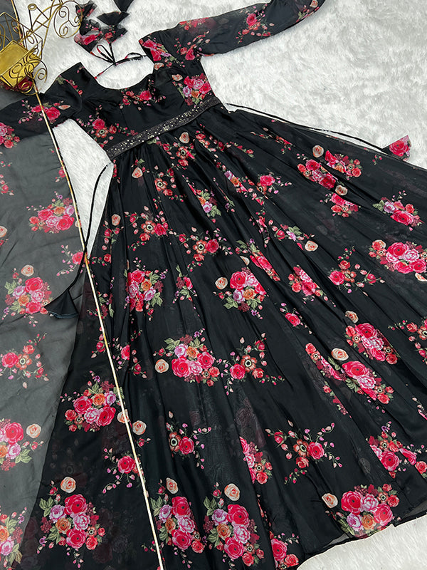 Black Organza Printed Anarkali Kurti With Pant & Dupatta Set