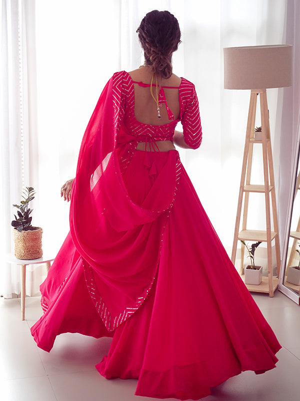 Pink Golden Lace Work Georgette Lehenga Choli