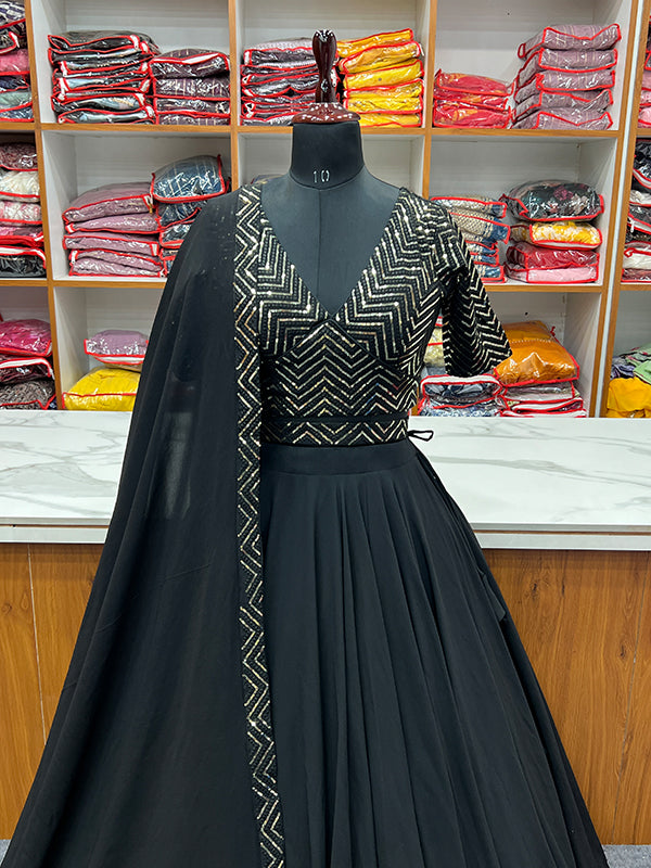 Black Golden Lace Work Georgette Lehenga Choli