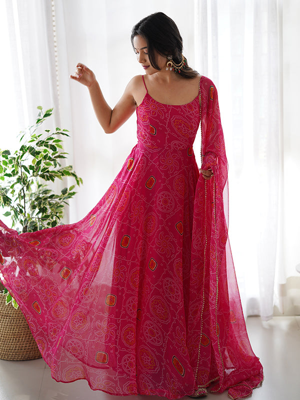 Bandhej Pink Chiffon Printed Gown With Pant & Dupatta Set