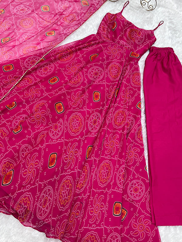 Bandhej Pink Chiffon Printed Gown With Pant & Dupatta Set