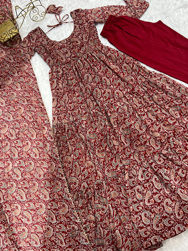 Layered Maroon Printed Anarkali Gown With Pant & Dupatta Set