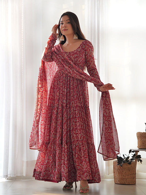 Layered Maroon Printed Anarkali Gown With Pant & Dupatta Set