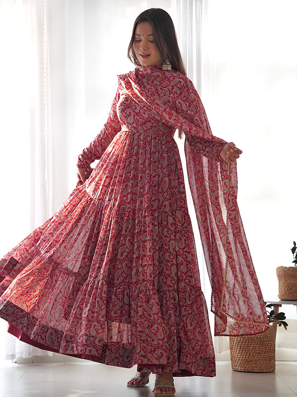 Layered Maroon Printed Anarkali Gown With Pant & Dupatta Set