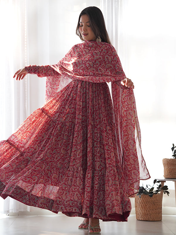 Layered Maroon Printed Anarkali Gown With Pant & Dupatta Set