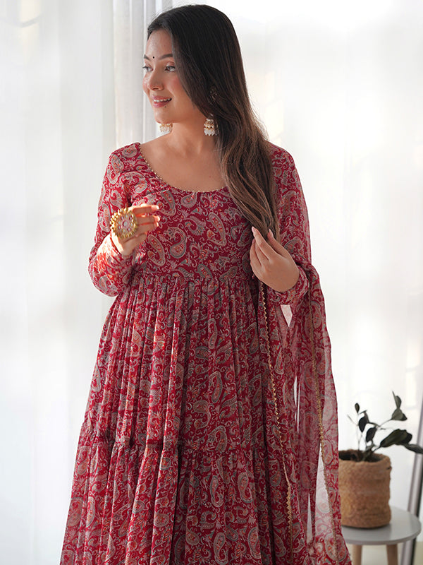 Layered Maroon Printed Anarkali Gown With Pant & Dupatta Set