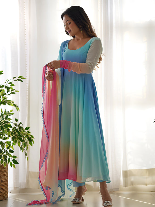 Sky Colored Organza Anarkali Gown With Pant & Dupatta Set