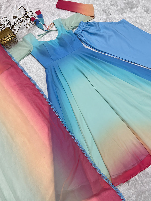 Sky Colored Organza Anarkali Gown With Pant & Dupatta Set