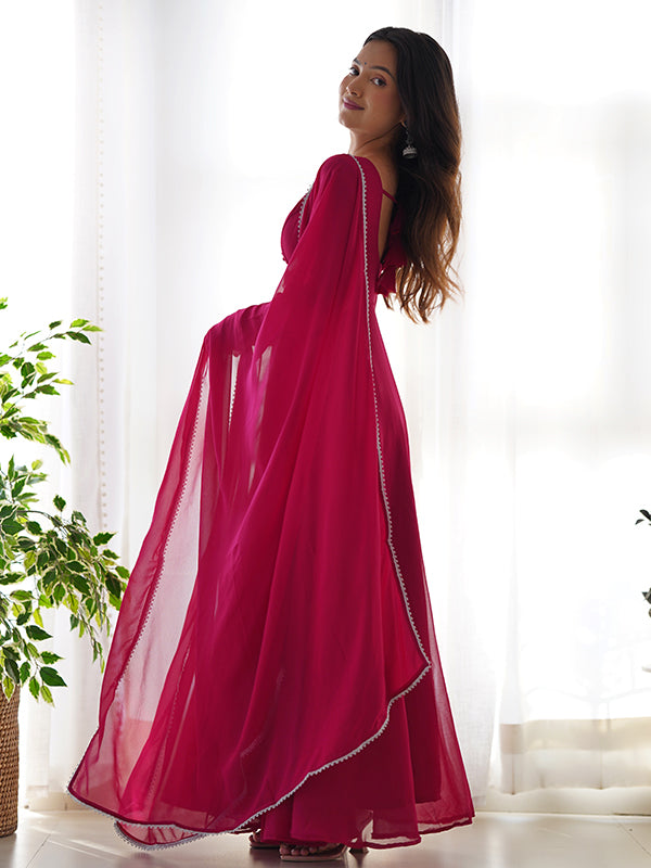 Hot Pink Georgette Anarkali Kurti With Pant Dupatta Set