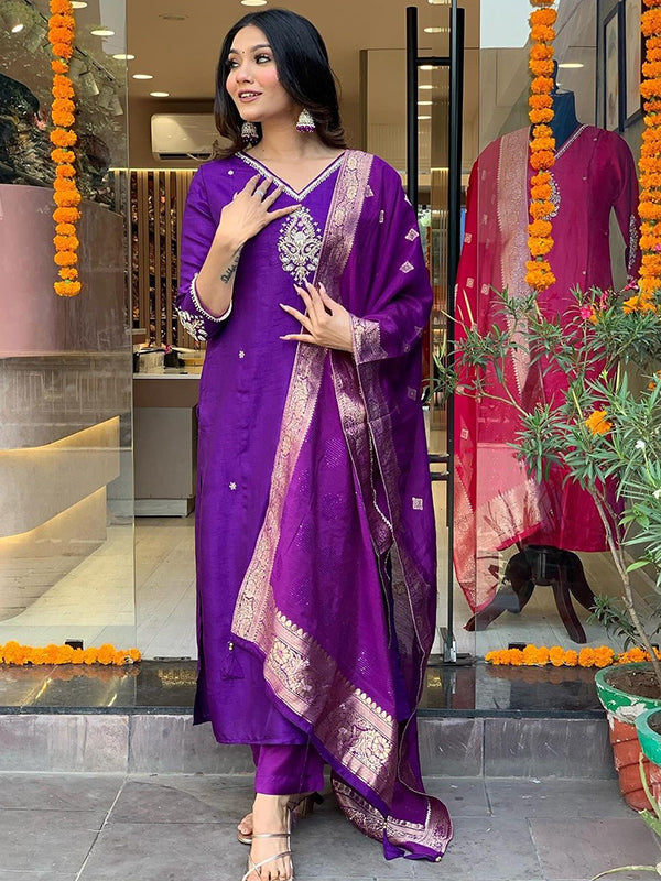 Purple Fully Hand Work Tapeta Silk Kurti With Pant & Dupatta Set