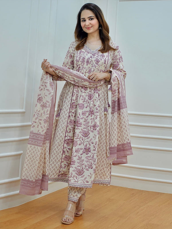 Lilac Cotton Afghani Kurti With Pant & Dupatta Set